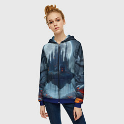 Толстовка на молнии женская Замок Дракулы и неоновые грибы - нейроарт фантазия, цвет: 3D-синий — фото 2