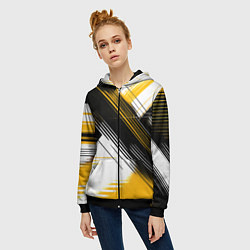 Толстовка на молнии женская Диагональные жёлто-чёрные линии на белом фоне, цвет: 3D-черный — фото 2