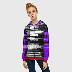 Толстовка на молнии женская Горизонтальные чёрные линии на бело-фиолетовом фон, цвет: 3D-красный — фото 2