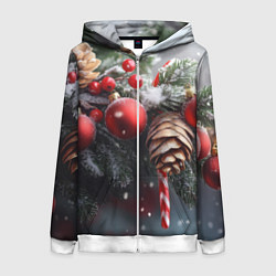 Толстовка на молнии женская Новогодние украшения на ветках, цвет: 3D-белый