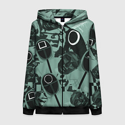 Толстовка на молнии женская Игра в кальмара маска ведущего и стражников, цвет: 3D-черный