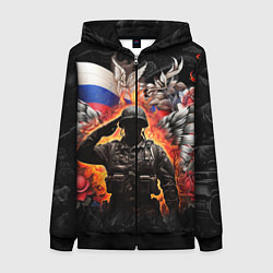 Толстовка на молнии женская Защитник отечества с ангельскими крыльями, цвет: 3D-черный