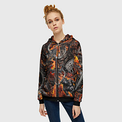 Толстовка на молнии женская Гладиатор и минотавр на фоне огня мечей и щитов, цвет: 3D-черный — фото 2