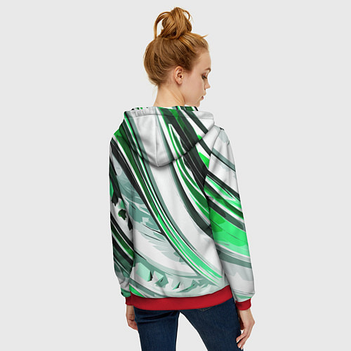 Женская толстовка на молнии Волнистая бело-зелёная абстракция / 3D-Красный – фото 4