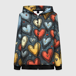 Толстовка на молнии женская Разноцветные сердца, цвет: 3D-черный