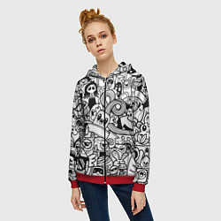 Толстовка на молнии женская Black and white doddle monsters, цвет: 3D-красный — фото 2