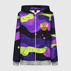 Толстовка на молнии женская Черно-фиолетовый камуфляж и золотой герб РФ, цвет: 3D-меланж