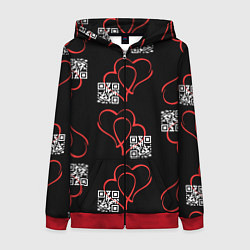 Толстовка на молнии женская Сердца и код любви на черном, цвет: 3D-красный