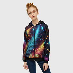 Толстовка на молнии женская Неоновые разноцветные перья, цвет: 3D-черный — фото 2