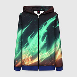 Толстовка на молнии женская Зеленое абстрактное пламя, цвет: 3D-синий