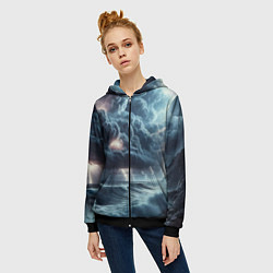 Толстовка на молнии женская Шторм на море - сверкание молний, цвет: 3D-черный — фото 2
