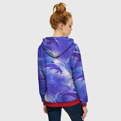 Женская толстовка на молнии Дельфины в волшебном море паттерн / 3D-Красный – фото 4