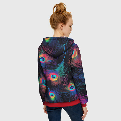 Женская толстовка на молнии Павлиньи перья - разные оттенки / 3D-Красный – фото 4