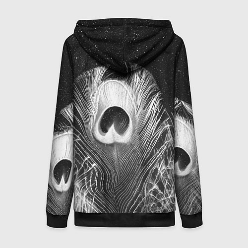 Женская толстовка на молнии Изогнутые белые перья павлина - чб иллюстрация / 3D-Черный – фото 2