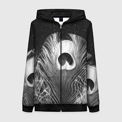Толстовка на молнии женская Изогнутые белые перья павлина - чб иллюстрация, цвет: 3D-черный