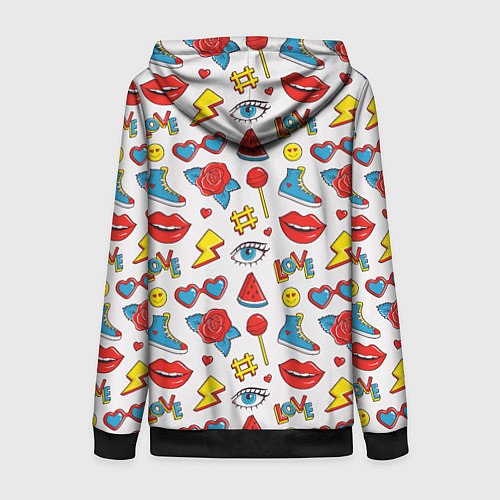 Женская толстовка на молнии Паттерн с яркими молодежными стикерами / 3D-Черный – фото 2