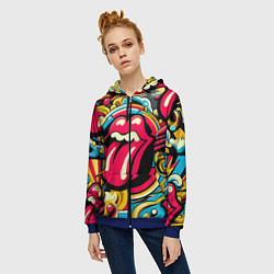 Толстовка на молнии женская Rolling Stones logo - pop art pattern, цвет: 3D-синий — фото 2