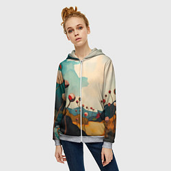 Толстовка на молнии женская Сюрреалистичный пейзаж с цветами, цвет: 3D-меланж — фото 2