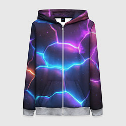 Толстовка на молнии женская Синие и фиолетовые молнии в разломе, цвет: 3D-меланж