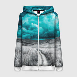 Толстовка на молнии женская Монохромное поле и сине-зеленое небо - природный п, цвет: 3D-белый