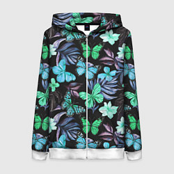 Толстовка на молнии женская Бабочки и тропические цветы на черном фоне, цвет: 3D-белый