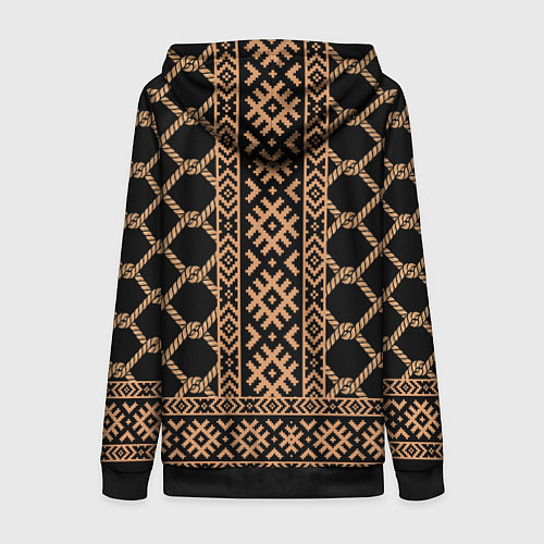 Женская толстовка на молнии Золотые узоры на черном с канатами - вышиванка руб / 3D-Черный – фото 2