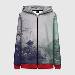 Толстовка на молнии женская Рыбацкий домик на берегу озера, цвет: 3D-красный