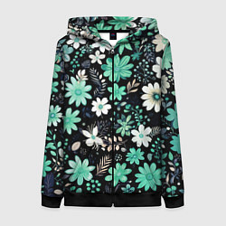 Женская толстовка на молнии Чёрный в зелёный цветочек стилизованный