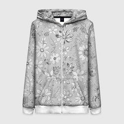 Толстовка на молнии женская Цветочный светло-серый паттерн, цвет: 3D-белый
