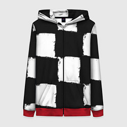 Толстовка на молнии женская Черные квадраты в виде шахматной доски, цвет: 3D-красный