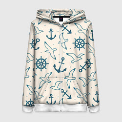Толстовка на молнии женская Морской паттерн из штурвалов, чаек и якорей, цвет: 3D-белый