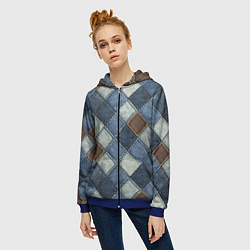 Толстовка на молнии женская Джинсовый пэчворк ромбовый узор, цвет: 3D-синий — фото 2