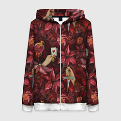 Толстовка на молнии женская Бордовая готика с сердцем, лилиями и мотыльками, цвет: 3D-белый