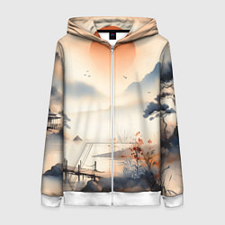 Толстовка на молнии женская Таинственный Японский пейзаж - акварель, цвет: 3D-белый
