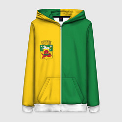 Толстовка на молнии женская Новокузнецк, зелёно-жёлтый, герб и надпись на спин, цвет: 3D-белый