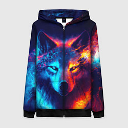 Толстовка на молнии женская Волк льда и пламени, цвет: 3D-черный