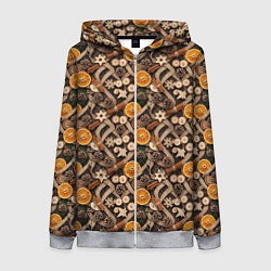 Женская толстовка на молнии Новогодний орнамент с корицей и дольками апельсина