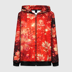 Толстовка на молнии женская Цветочный красный с искрами, цвет: 3D-черный
