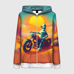 Толстовка на молнии женская Робот Бендер на мотоцикле в пустыне, цвет: 3D-белый