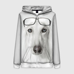 Толстовка на молнии женская Собака в очках, цвет: 3D-белый