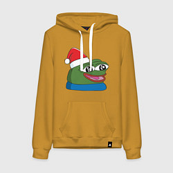 Толстовка-худи хлопковая женская Pepe, pepe happy, Пепе хеппи, pepe happy new year, цвет: горчичный