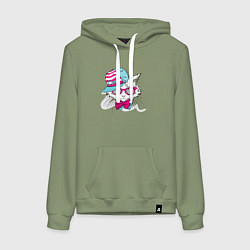 Толстовка-худи хлопковая женская Кот в кепке и с бабочкой, цвет: авокадо