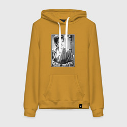Толстовка-худи хлопковая женская Юрий Шатунов - портрет с автографом, цвет: горчичный