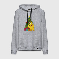 Толстовка-худи хлопковая женская Новогодний Пикачу и елка, цвет: меланж