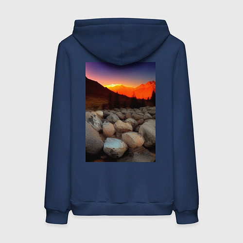 Женская толстовка-худи Горный пейзаж в закате солнца, каменная река / Тёмно-синий – фото 2