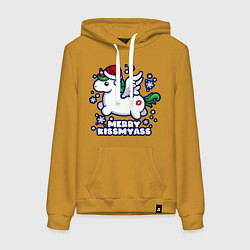 Толстовка-худи хлопковая женская Unicorn - merry kiss my ass, цвет: горчичный