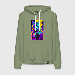 Толстовка-худи хлопковая женская Прикольный неоновый котёнок - киберпанк, цвет: авокадо