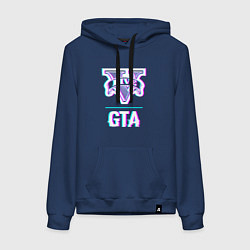 Толстовка-худи хлопковая женская GTA в стиле glitch и баги графики, цвет: тёмно-синий