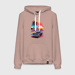Толстовка-худи хлопковая женская Автомобиль на пляже, цвет: пыльно-розовый