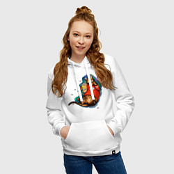 Толстовка-худи хлопковая женская Ленивый бенгальский кот с попкорном, цвет: белый — фото 2